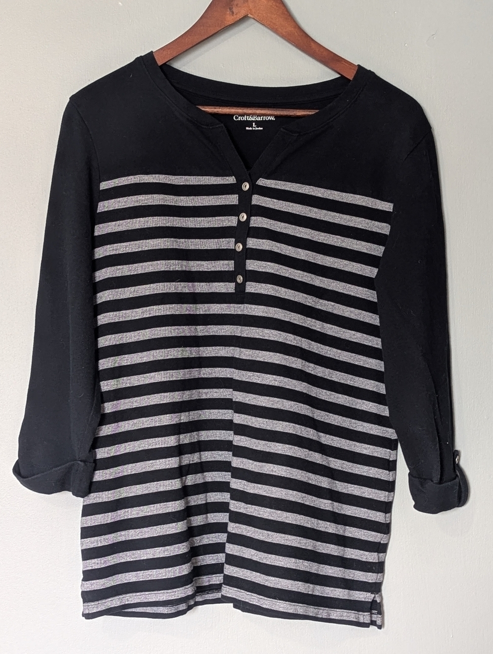 Croft & Barrow Black & Gray Striped 3/4 Sleeve Henley Shirt